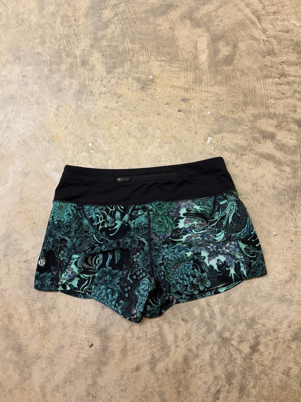 lululemon athletica Black Waistband with Teal Floral-Abstract Athletic Shorts